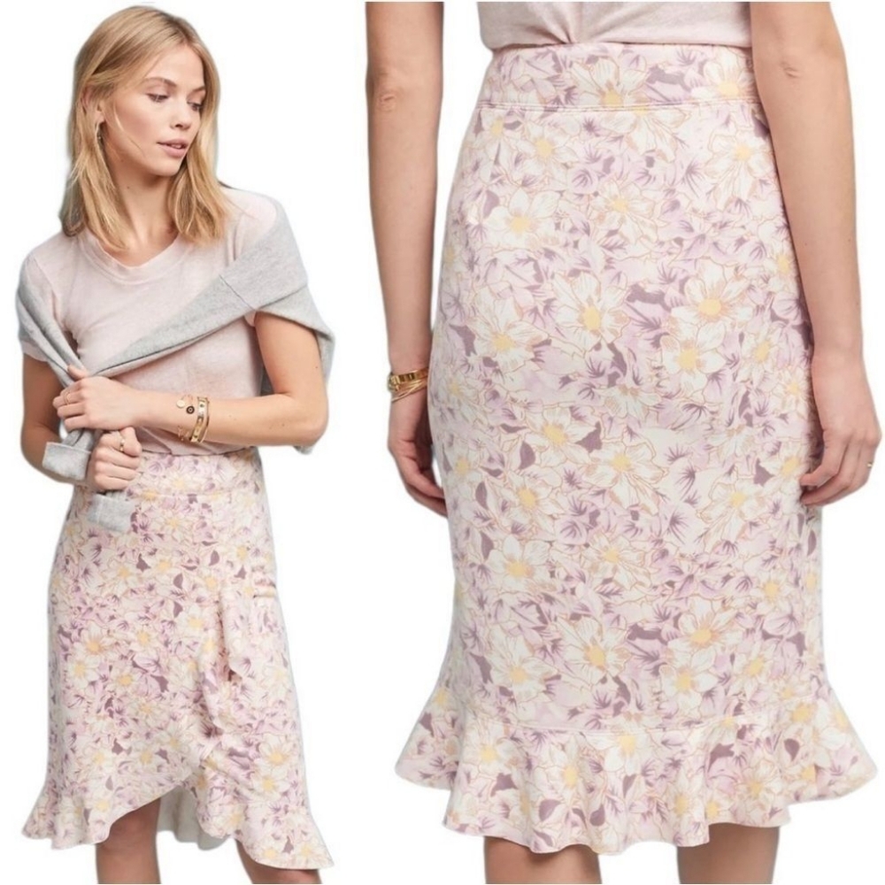 Anthropologie Floral Asymetrical Midi Ruffle Skirt Size 0